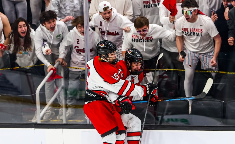 Pope Francis celebrates scoring a goal in last year's Division 1 title game. (Brian Kelly/NEHJ)