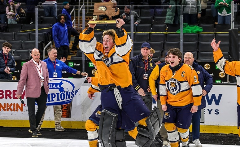 Littleton/Bromfield goalie Jacob Dangel celebrates winning the MIAA Division 4 boys title. (Brian Kelly/NEHJ)